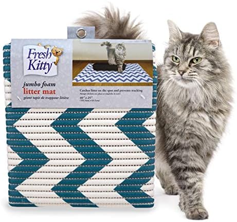 Fresh Kitty Durable XL Jumbo Foam Litter Mat – Phthalate and BPA Free, Water Resistant, Traps Litter from Box, Scatter Control, Easy Clean Mats – Chevron, Blue/White Chevron (9035)