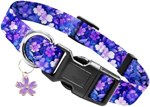 Kazazoo Dog Collar Cute and Soft Nylon Puppy Collar Girl Dogs, Adjustable Purple Dog Collars for Medium Dogs, Purple Flowers-M