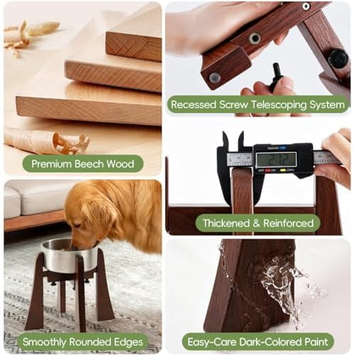 Solid Wood Elevated Dog Bowl Stand with Adjustable Width, 10-Inch Raised | Fits 6.3-7.8 Inch Dog Food & Water Bowls, Non-Slip Base, Ergonomic Design for Corgis, Beagles, Medium Breeds, Stand Only