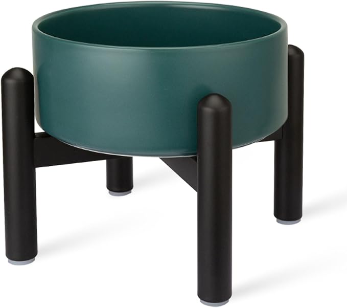 Raised Ceramic Dog Bowl, 6.1'' Modern Feeding Bowl with Non-Slip Stainless Steel Stand, Elevated Food or Water Dish for Small to Medium Dogs, 2 Cups (28.75 fl oz) - Green