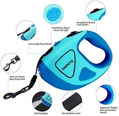 Retractable Dog Leash with Bright LED Flashlight, 10 ft Dog Safety Walking Leashes for Small Medium Dogs up to 44 lbs,Tangle Free, Anti-Slip Comfort Grip (Small- 10 ft up to 44 lbs, Blue)