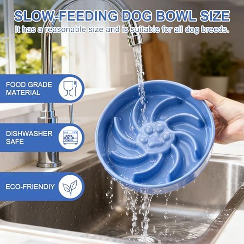 Ceramic Slow Feeder Dog Bowl, 3 Cup Dog Food or 25oz Water, Slow Eating Bowl for Middle Breed, Maze Puzzle Feeder for Fast Eaters, Anti-Choking Stop Bloat, Non-Slip BPA Free (Blue)