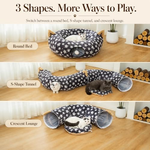Large Cat Tunnel Bed Under Christmas Tree with Fluffy Toy Balls, Small Cushion and Flexible Design- 10 inch Diameter, 3 ft Length- Great for Cats, and Small Dogs, Gray Star Pattern