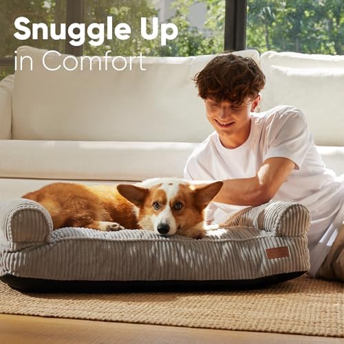 FUKUMARU Dog Couch Bed, Corduroy Cozy Cat Bed, Waterproof, Washable Cover