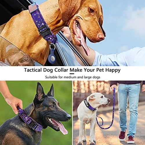 DAGANXI Tactical Dog Collar, Adjustable Military Training Nylon Dog Collar with Control Handle and Heavy Metal Buckle for Medium and Large Dogs, with Patches and Airtags Case (M, Purple Sky-Set)