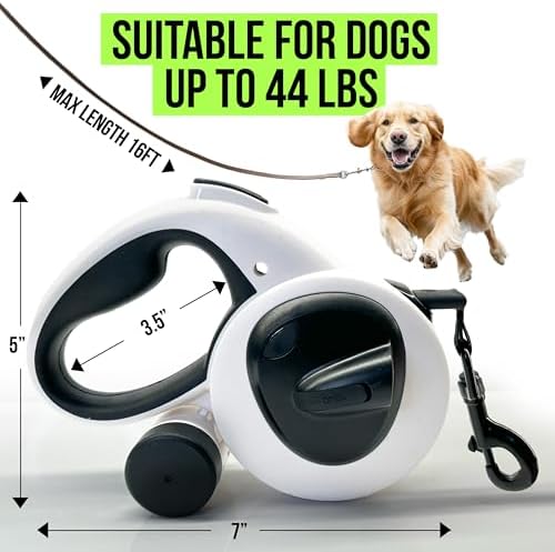 AVANTO Retractable Dog Leash with Flashlight, 16ft Heavy Duty LED Night Safety Leash for Dogs up to 110lbs – 360° Tangle-Free, USB Rechargeable Light, Waste Bag Dispenser, One-Hand Brake & Lock