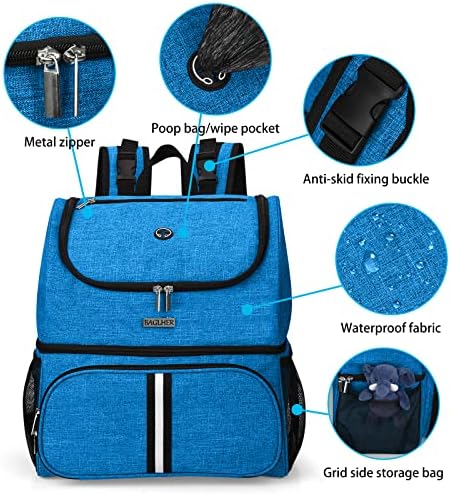 BAGLHER Pet Travel Bag, Double-Layer Pet Supplies Backpack (for All Pet Travel Supplies), Pet Travel Backpack with 2 Silicone Collapsible Bowls and 2 Food Baskets Blue