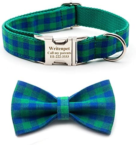 Personalized Dog Collar with Bowtie, Customized Engraving Name Phone Number Address, Adjustable Sizes for Small Medium Large Dogs, Leash Optional (Blue/Green Plaid)
