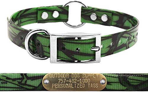 Waterproof D & Center Ring Dog Collar w Custom Name Tag 3/4x15, Green Camo