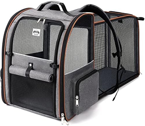 Cat Carrier Backpack, Expandable Pet Carrier with Sun Shade & Full Front Opening, Breathable Mesh Backpack for Small Dogs & Medium Cats Up to 18 Lbs, Foldable for Hiking, Camping (Grey)