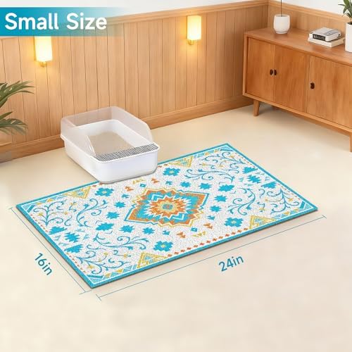 Cat Litter Mat, 24" x 16" Litter Box mat, Traps 100% Litter, Non-Slip Kitty Litter Trapping mats, Small Cute Litter mat, Easy Clean for Scatter Control, Bohe cat Food mat, Urine Waterproof