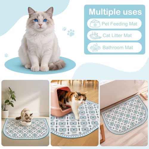 Glittme 33"X22" Arch Shape Cat Litter Mat Trapping Pad Soft Loop-Mesh Litter Box Mat Easy to Clean & Non-Slip Waterproof & Less Waste,Blue