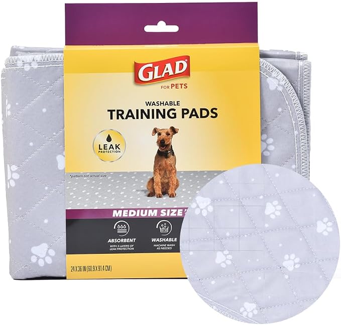 Glad for Pets Washable Reusable Dog Pee Pads, Medium, 24 x 36 In, 2 Count | 3-layer leak protection, no-slip vinyl bottom, washable and reusable, medium size 24x36 in