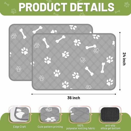 PatiencET Washable Pee Pads for Dogs, 24'' x 36" Reusable Puppy Pads with Super Absorbent, 2 Pack Puppy Potty Pads with Waterproof Bottom for Pet Training, Housebreaking and Incontinence