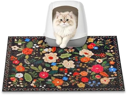 Cat Litter Mat, 24" x 16" Litter Box mat, Traps 100% Litter, Non-Slip Kitty Litter Trapping mats, Small Cute Litter mat, Easy Clean for Scatter Control, Bohe cat Food mat, Urine Waterproof