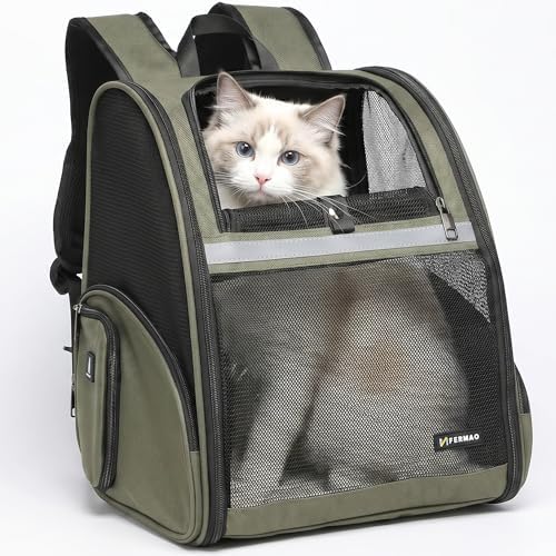 Cat Backpack Carrier for Small Dogs and Medium cat Puppy Kitten Bunny Pet Carrier Backpack Collapsible with Fully Ventilated Mesh with Safety Leash (DarkGreen, 12.9" L x 10.62" W x 15.5" H - M)