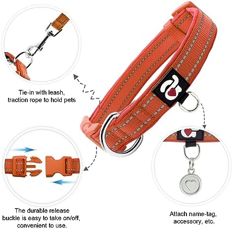 azuza Reflective Dog Collar, Neoprene Padded Small Dog Collar, Rust Red, S