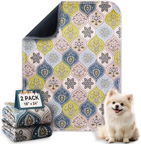 Washable Pee Pads for Dogs, Stylish Absorbent Reusable Training Dog Pads, Non-Slip and Leak-Proof Puppy Pads, Potty Pads for Crates, Whelping, Playpen, Bed and Floors (Cream/Multi, 18" x 24" 2PACK)