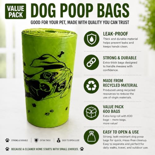 Dog Poop Bags One Big Roll (600 ct.) Doggy Poop Bags Pet Waste Pickup Bag Cat Waste Disposal Bags (1 Roll, 600 Bags)