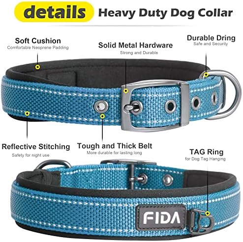 Fida Heavy Duty Dog Collar for Medium Dogs with Metal Belt Buckle, Blue
