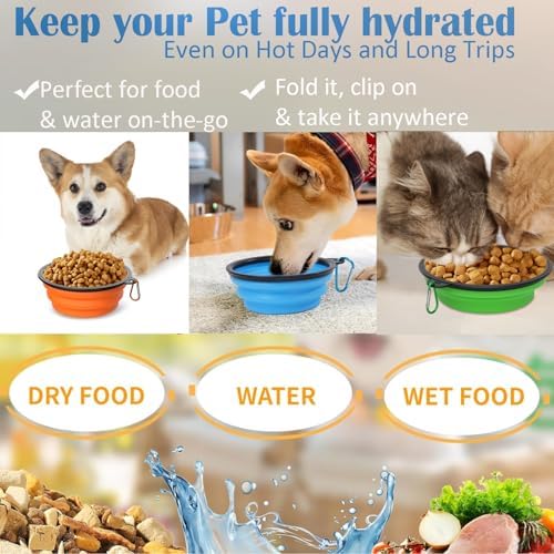Collapsible Dog Bowls [3 Pack] 20 oz, Travel Dog Bowls, Pet Bowl Portable Foldable Water Food Feeding Dishes with Carabiner Clip for Traveling Hiking Walking-Black & Green & Blue
