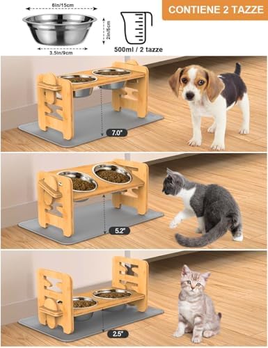 Vantic Elevated Dog Bowls with Mat, Adjustable Bowl Stand Small, Natural