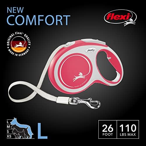 FLEXI New Comfort Tape Retractable Dog Leashes for Large Dogs Upto 110 lbs. – 26 ft., Red/Pastel | Tangle Free Pet Walking Leash with One-Handed Brake, Pause, Lock|German Quality Product