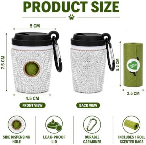 Diamond Rhinestone Coffee Cup Dog Poop Bag Holder for Leashes Leak Proof Trash Bag Dispenser with Carabiner Includes 15 Scented Dog Waste Bags Pet Walking Accessories for Cats Litter Gift
