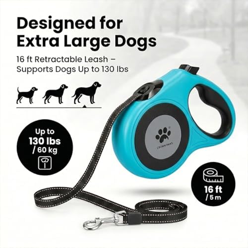 16 ft Retractable Dog Leash for Extra Large Dogs up to 130 lbs,Tangle-Free Nylon Tape,Blue Dan24 XL