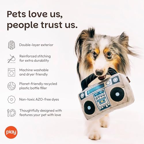 P.L.A.Y. Cute Plush Dog Toys - 1980s Classics Themed Durable Squeaker 2-in-1 Chew Toy, Great for Puppies & Small, Medium, Large Dogs - Machine Washable, Recycled Materials (Boop Box Boombox & Casette)