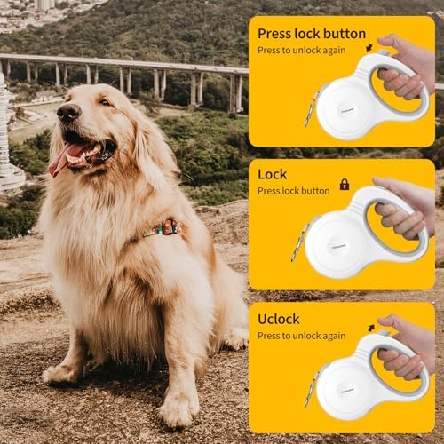 16Ft Retractable Dog Leash, One-Hand Brake Lock, 360° Tangle-Free Swivel, Sturdy Nylon Tape, Ergonomic Grip Handle for Small Medium Large Dogs (White)