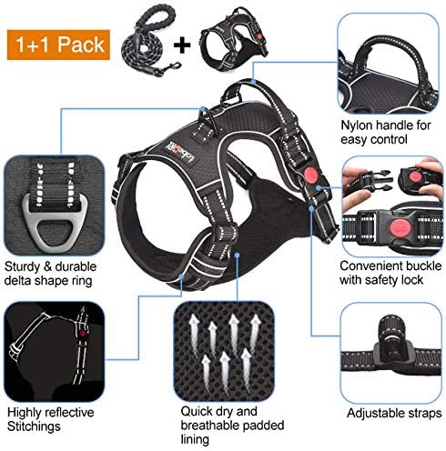 tobeDRI No Pull Dog Harness Adjustable Reflective Oxford Easy Control Medium Large Dog Harness with A Free Heavy Duty 5ft Dog Leash, Black, L