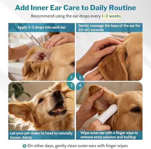 Dog Ear Cleaner with 50 Ear Finger Wipes for Dogs & Cats – Gentle Herbal Ear Drops for Wax & Odor, Chamomile & Witch Hazel for Sensitive Ears, Daily Ear Care Kit, 2oz