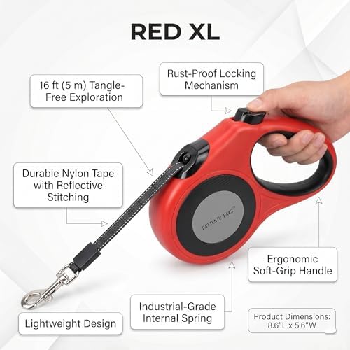 XL 16FT Retractable Dog Leash for Large Dog up to 120 lbs, Chew Proof Steel Wire Extender, One-Hand Brake & Lock, Tangle-Free Heavy Duty Walking Leash XL RED