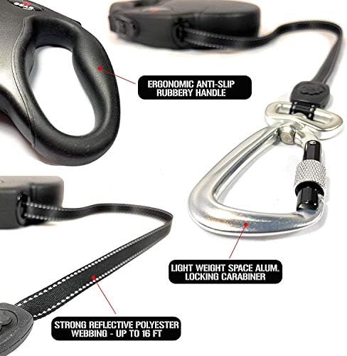 Enthusiast Gear Retractable Dog Leash for Large and Medium Dogs with Locking Carabiner | Heavy Duty 16 ft Strong Reflective Polyester Webbing, 1-Button Break & Lock, Anti-Slip Handle, Tangle Free