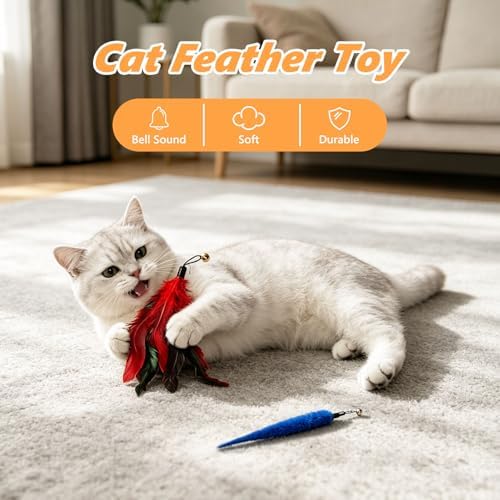 Cat Toys Interactive Feather Teaser Wand Set, 11 Pack Retractable Cat Fishing Pole Toy with Assorted Replaceable Attachments & Bells, Fun Hunting Exercise Toys