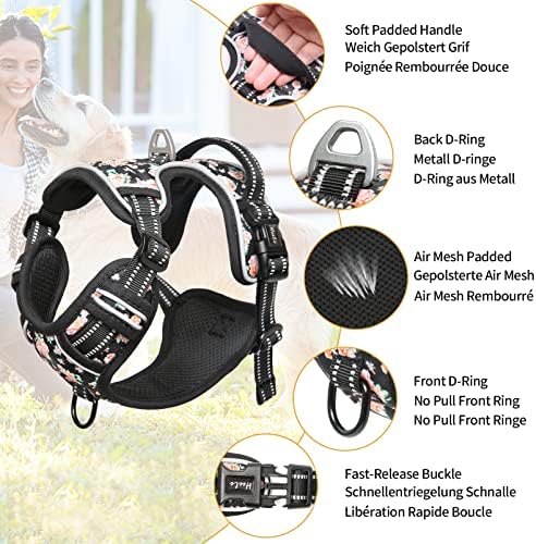 HEELE Dog Harness, No Pull Adjustable Padded Reflective Harness for Small Medium Large Dogs with Handle for Walking Training, Flower-Black, L