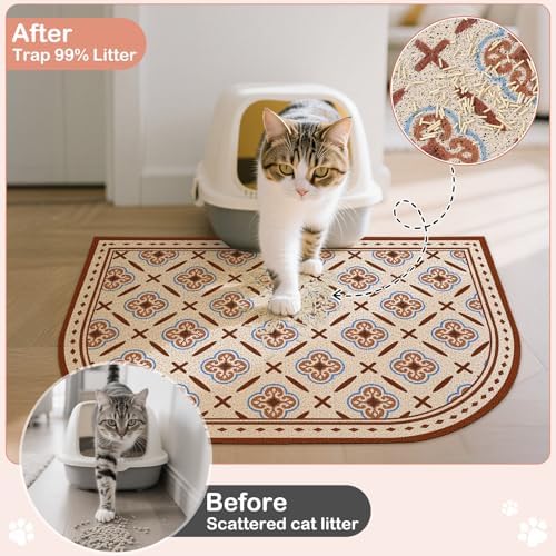 Glittme 33"X22" Arch Shape Cat Litter Mat Trapping Pad Soft Loop-Mesh Litter Box Mat Easy to Clean & Non-Slip Waterproof & Less Waste,Red Brown