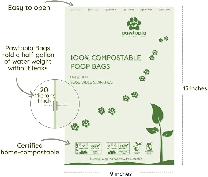 Pawtopia Biodegradable Dog Poop Bags, 60 Count, Certified Home Compostable, Leak-Proof, Easy Open, Standard Size, Supports Sustainable Living