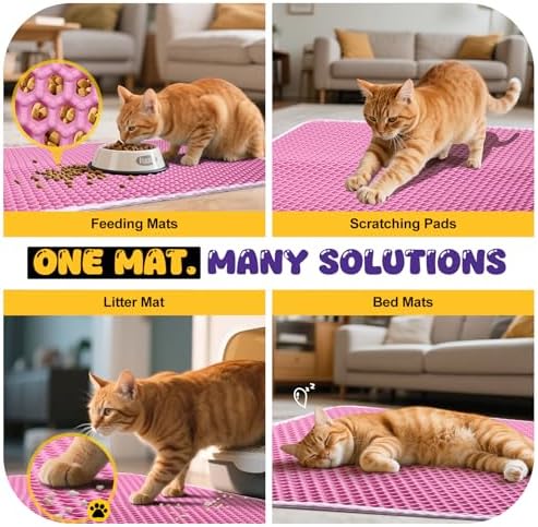 Double-Layer Cat Litter Trapper Mat - Heavy Duty Anti-Tracking Litter Box Mat with Deep Grooves & Waterproof Bottom - Stops Mess, Easy Clean (Pink,L)