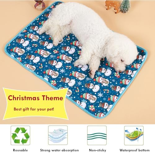 BAMY 2 Pcs Washable Dog Pee Pads Christmas Pet Training Pads Non-Slip Waterproof Doggie Whelping Pad Reusable Dogs Mat with Santa Claus Snowman Elk Pattern (Snowman, 28x20 inch)