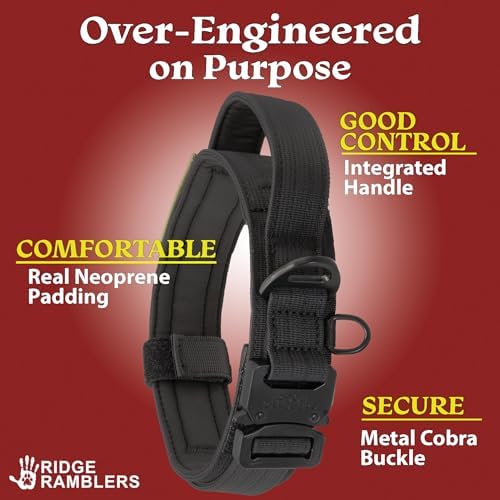 Advanced Tactical Dog Collar with Handle - Heavy Duty, Lightweight Metal Hardware and Soft Neoprene Padding - Military Collar for Medium, Large and X-Large Dogs