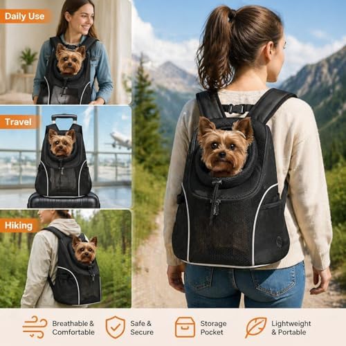 BAGLHER Dog Carrier Backpack for Small Dogs - Front Breathable Pet Backpack with Safety Buckle, Adjustable Hands-Free Design for Hiking, Cycling, Camping & Outdoor Use - Black, Size Large 10-14 lbs