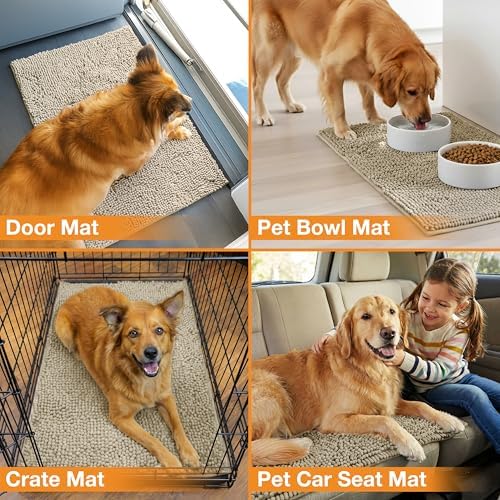 Neater Pets Muddy Paws Dog Door Mat 30” x 20" – Super Absorbent & Quick-Dry Chenille Doormat for Trapping Dirt, Water, Mud - Non-Slip & Machine Washable Pet Rugs for Entryway, Indoor Mud Mats, Tan