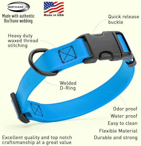Dogline Biothane Waterproof Dog Collar with Quick Release Buckle Strong Coated Nylon Webbing with Odor- Proof for Easy Care Easy to Clean Fits Small Medium or Large Dogs, Dogline Blue 3/4" W 12-19" L