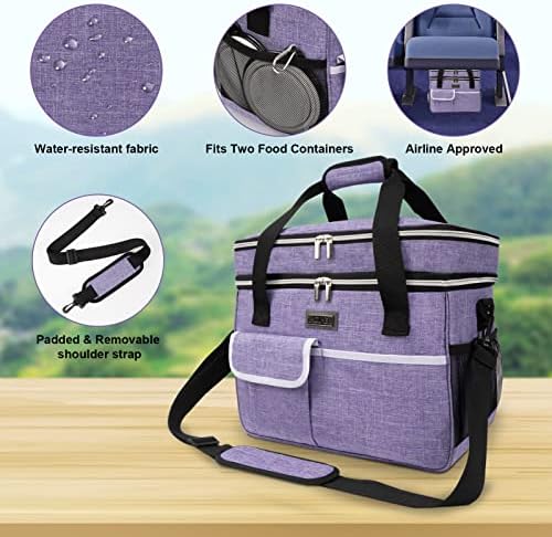 BAGLHER Dog Travel Bag for Supplies - Double-Layer Airline Approved Weekend Pet Travel Organizer Set for Dog and Cat Tote with 2 Pet Food Containers and 2 Collapsible Silicone Bowls Purple