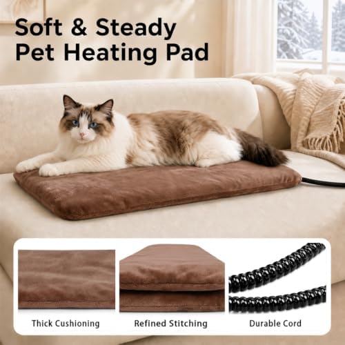 Pet Heating Pad for Cats Dogs Indoor & Sheltered Outdoor Waterproof Heated Cat Bed Heated Dog Bed Chew Resistant Cord Constant Temperature Electric Warming (Brown, M: 20" × 16" × 1.3")