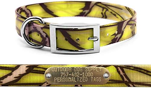 Heavy Duty Waterproof D-Ring Dog Collar w Custom Name Tag, Yellow Camo