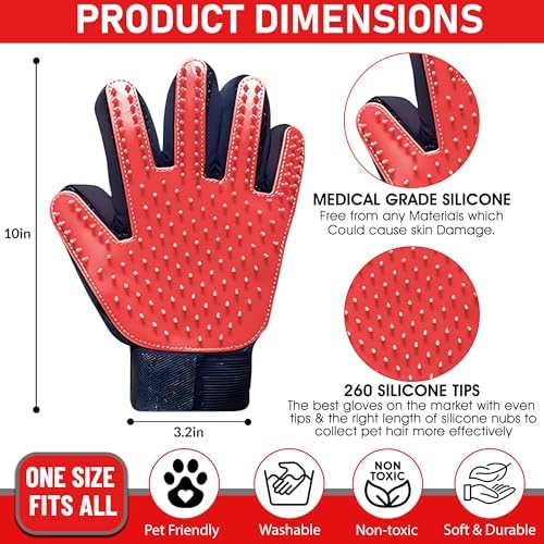 Upgrade Pet Grooming Gloves, Grooming Gloves for Dogs, Cats, Rabbits & Horses with Long and Short Hair, Efficient Pets Hair Remover Mittens - 1 Pair (Red)