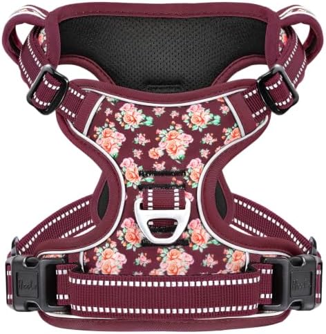 HEELE Large Dog Harness, Reflective, No Pull No Choke, Flower Burgundy, XL